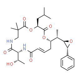 ChemSpider 2D Image | (3S,10R,13E,16S)-10-[(1S)-1-Hydroxyethyl]-3-isobutyl-6,6-dimethyl-16-{(1S)-1-[(2R,3R)-3-phenyl-2-oxiranyl]ethyl}-1,4-dioxa-8,11-diazacyclohexadec-13-ene-2,5,9,12-tetrone | C30H42N2O8