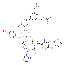 ChemSpider 2D Image | (2S)-2-[[(3S,6S,10S,12S)-6-[[(2S)-2-[[(2S)-2-[[(2S)-5-guanidino-2-[(2-methylaminoacetyl)amino]pentanoyl]amino]-3-methyl-butanoyl]amino]-3-(4-hydroxyphenyl)propanoyl]amino]-3-(3H-imidazol-4-ylmethyl)-2,5-dioxo-8,9-dithia-1,4-diazabicyclo[8.2.1]tridecane-12-carbonyl]amino]-3-phenyl-propanoic acid | C46H63N13O10S2