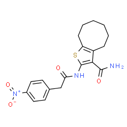ChemSpider 2D Image | 2-{[(4-Nitrophenyl)acetyl]amino}-4,5,6,7,8,9-hexahydrocycloocta[b]thiophene-3-carboxamide | C19H21N3O4S