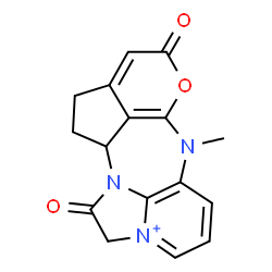 ChemSpider 2D Image | 6-Methyl-1,8-dioxo-1,2,8,10,11,11a-hexahydro-6H-7-oxa-6,11b-diaza-2a-azoniabenzo[cd]indeno[7,1-gh]azulene | C16H14N3O3