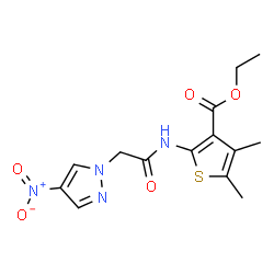 ChemSpider 2D Image | Ethyl 4,5-dimethyl-2-{[(4-nitro-1H-pyrazol-1-yl)acetyl]amino}-3-thiophenecarboxylate | C14H16N4O5S