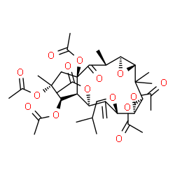 ChemSpider 2D Image | (1aS,3S,4R,5S,7R,7aS,8R,9R,10aR,12R,12aS)-5-Isobutoxy-2,2,9,12-tetramethyl-6-methylene-11-oxotetradecahydro-10aH-cyclopenta[5,6]cyclododeca[1,2-b]oxirene-3,4,7,8,9,10a-hexayl hexaacetate | C36H52O15