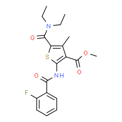 ChemSpider 2D Image | Methyl 5-(diethylcarbamoyl)-2-[(2-fluorobenzoyl)amino]-4-methyl-3-thiophenecarboxylate | C19H21FN2O4S