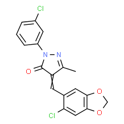 ChemSpider 2D Image | 4-[(6-Chloro-1,3-benzodioxol-5-yl)methylene]-2-(3-chlorophenyl)-5-methyl-2,4-dihydro-3H-pyrazol-3-one | C18H12Cl2N2O3