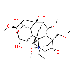 ChemSpider 2D Image | (1S,2R,3S,6R,7S,9S,10R,11R,14R,15R,17S,18S,19R)-12-Ethyl-7,17,19-trimethoxy-14-(methoxymethyl)-5-oxa-12-azahexacyclo[8.7.2.1~2,6~.0~1,11~.0~3,9~.0~14,18~]icosane-4,6,9,15-tetrol | C25H41NO9