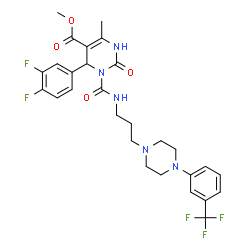 ChemSpider 2D Image | Methyl 4-(3,4-difluorophenyl)-6-methyl-2-oxo-3-[(3-{4-[3-(trifluoromethyl)phenyl]-1-piperazinyl}propyl)carbamoyl]-1,2,3,4-tetrahydro-5-pyrimidinecarboxylate | C28H30F5N5O4