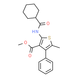 ChemSpider 2D Image | Methyl 2-[(cyclohexylcarbonyl)amino]-5-methyl-4-phenyl-3-thiophenecarboxylate | C20H23NO3S