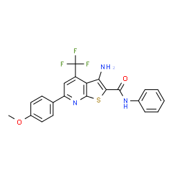 ChemSpider 2D Image | 3-Amino-6-(4-methoxyphenyl)-N-phenyl-4-(trifluoromethyl)thieno[2,3-b]pyridine-2-carboxamide | C22H16F3N3O2S