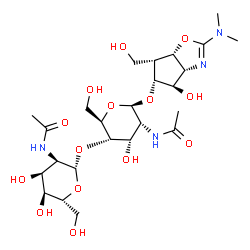 ChemSpider 2D Image | (3aR,4R,5R,6R,6aS)-2-(Dimethylamino)-4-hydroxy-6-(hydroxymethyl)-4,5,6,6a-tetrahydro-3aH-cyclopenta[d][1,3]oxazol-5-yl 2-acetamido-4-O-(2-acetamido-2-deoxy-beta-D-allopyranosyl)-2-deoxy-beta-D-allopyr
anoside | C25H42N4O14