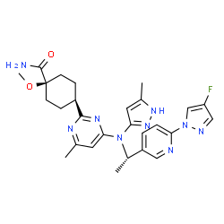 ChemSpider 2D Image | cis-4-{4-[{(1S)-1-[6-(4-Fluoro-1H-pyrazol-1-yl)-3-pyridinyl]ethyl}(5-methyl-1H-pyrazol-3-yl)amino]-6-methyl-2-pyrimidinyl}-1-methoxycyclohexanecarboxamide | C27H32FN9O2
