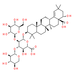 ChemSpider 2D Image | (3beta,5xi,22alpha)-22,28-Dihydroxy-28-oxoolean-18-en-3-yl beta-D-glucopyranosyl-(1->2)-[beta-D-xylopyranosyl-(1->3)]-beta-D-glucopyranosiduronic acid | C47H74O19