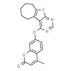 ChemSpider 2D Image | 4-Methyl-7-(6,7,8,9-tetrahydro-5H-cyclohepta[4,5]thieno[2,3-d]pyrimidin-4-yloxy)-2H-chromen-2-one | C21H18N2O3S
