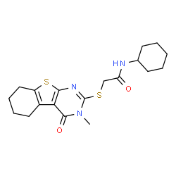 ChemSpider 2D Image | N-Cyclohexyl-2-[(3-methyl-4-oxo-3,4,5,6,7,8-hexahydro[1]benzothieno[2,3-d]pyrimidin-2-yl)sulfanyl]acetamide | C19H25N3O2S2