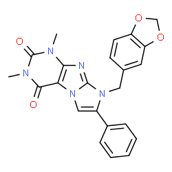 ChemSpider 2D Image | 8-(1,3-Benzodioxol-5-ylmethyl)-1,3-dimethyl-7-phenyl-1H-imidazo[2,1-f]purine-2,4(3H,8H)-dione | C23H19N5O4