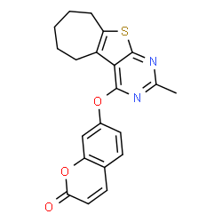 ChemSpider 2D Image | 7-[(2-Methyl-6,7,8,9-tetrahydro-5H-cyclohepta[4,5]thieno[2,3-d]pyrimidin-4-yl)oxy]-2H-chromen-2-one | C21H18N2O3S