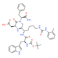 ChemSpider 2D Image | [(2S,6S)-4-[(2S)-1-Amino-1-oxo-3-phenyl-2-propanyl]-6-{(1S)-5-{[(2-methylphenyl)carbamoyl]amino}-1-[(N-{[(2-methyl-2-propanyl)oxy]carbonyl}-L-tryptophyl)amino]pentyl}-3-oxo-2-piperazinyl]acetic acid | C44H56N8O8