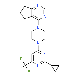 ChemSpider 2D Image | 4-{4-[2-Cyclopropyl-6-(trifluoromethyl)-4-pyrimidinyl]-1-piperazinyl}-6,7-dihydro-5H-cyclopenta[d]pyrimidine | C19H21F3N6