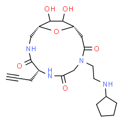 ChemSpider 2D Image | (1R,5R,12S)-9-[2-(Cyclopentylamino)ethyl]-13,14-dihydroxy-5-(2-propyn-1-yl)-15-oxa-3,6,9-triazabicyclo[10.2.1]pentadecane-4,7,10-trione | C21H32N4O6