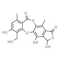 ChemSpider 2D Image | 3,4,7-Trihydroxy-6-(hydroxymethyl)-9,12-dimethyl-10H-2,5,11-trioxabenzo[4,5]cyclohepta[1,2-f]indene-1,10(3H)-dione | C18H14O9