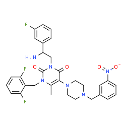 ChemSpider 2D Image | 3-[2-Amino-2-(3-fluorophenyl)ethyl]-1-(2,6-difluorobenzyl)-6-methyl-5-[4-(3-nitrobenzyl)-1-piperazinyl]-2,4(1H,3H)-pyrimidinedione | C31H31F3N6O4