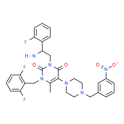 ChemSpider 2D Image | 3-[2-Amino-2-(2-fluorophenyl)ethyl]-1-(2,6-difluorobenzyl)-6-methyl-5-[4-(3-nitrobenzyl)-1-piperazinyl]-2,4(1H,3H)-pyrimidinedione | C31H31F3N6O4