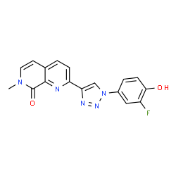 ChemSpider 2D Image | 2-[1-(3-Fluoro-4-hydroxyphenyl)-1H-1,2,3-triazol-4-yl]-7-methyl-1,7-naphthyridin-8(7H)-one | C17H12FN5O2