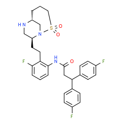 ChemSpider 2D Image | N-(2-{2-[(6R,9S)-2,2-Dioxido-2-thia-1,7-diazabicyclo[4.3.1]dec-9-yl]ethyl}-3-fluorophenyl)-3,3-bis(4-fluorophenyl)propanamide | C30H32F3N3O3S