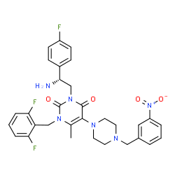 ChemSpider 2D Image | 3-[(2R)-2-Amino-2-(4-fluorophenyl)ethyl]-1-(2,6-difluorobenzyl)-6-methyl-5-[4-(3-nitrobenzyl)-1-piperazinyl]-2,4(1H,3H)-pyrimidinedione | C31H31F3N6O4
