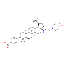ChemSpider 2D Image | 4-[(1R,3aS,5aR,5bR,7aR,11aS,11bR,13aR,13bR)-3a-{[2-(1,1-Dioxido-4-thiomorpholinyl)ethyl]amino}-1-isopropenyl-5a,5b,8,8,11a-pentamethyl-2,3,3a,4,5,5a,5b,6,7,7a,8,11,11a,11b,12,13,13a,13b-octadecahydro-
1H-cyclopenta[a]chrysen-9-yl](carboxy-~14~C)benzoic acid | C4114CH62N2O4S