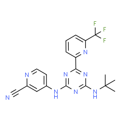 ChemSpider 2D Image | 4-({4-[(2-Methyl-2-propanyl)amino]-6-[6-(trifluoromethyl)-2-pyridinyl]-1,3,5-triazin-2-yl}amino)-2-pyridinecarbonitrile | C19H17F3N8