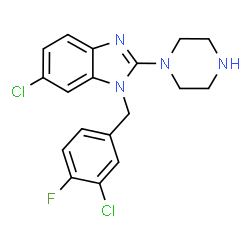 ChemSpider 2D Image | 6-Chloro-1-(3-chloro-4-fluorobenzyl)-2-(1-piperazinyl)-1H-benzimidazole | C18H17Cl2FN4