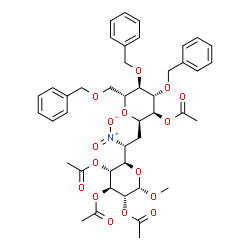 ChemSpider 2D Image | (2R,3S,4S,5R,6R)-4,5-Bis(benzyloxy)-6-[(benzyloxy)methyl]-2-{(2R)-2-nitro-2-[(2R,3R,4S,5R,6S)-3,4,5-triacetoxy-6-methoxytetrahydro-2H-pyran-2-yl]ethyl}tetrahydro-2H-pyran-3-yl acetate (non-preferred n
ame) | C43H51NO16