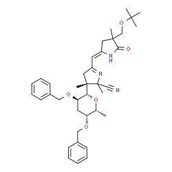 ChemSpider 2D Image | (1S)-1,5-Anhydro-2,4-di-O-benzyl-1-{(3R)-2-cyano-2,3-dimethyl-5-[(Z)-(4-methyl-4-{[(2-methyl-2-propanyl)oxy]methyl}-5-oxo-2-pyrrolidinylidene)methyl]-3,4-dihydro-2H-pyrrol-3-yl}-3,6-dideoxy-D-xylo-hex
itol | C38H49N3O5