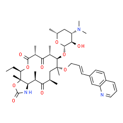 ChemSpider 2D Image | (3aS,4R,7R,9R,10R,11R,13R,15R,15aR)-4-ethyl-3a,7,9,11,13,15-hexamethyl-2,6,8,14-tetraoxo-11-{[(2E)-3-(quinolin-7-yl)prop-2-en-1-yl]oxy}tetradecahydro-2H-oxacyclotetradecino[4,3-d][1,3]oxazol-10-yl 3,4,6-trideoxy-3-(dimethylamino)-beta-D-xylo-hexopyranoside | C42H59N3O10