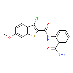 ChemSpider 2D Image | N-(2-Carbamoylphenyl)-3-chloro-6-methoxy-1-benzothiophene-2-carboxamide | C17H13ClN2O3S