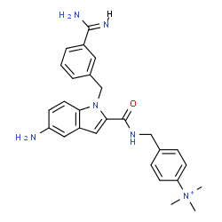 ChemSpider 2D Image | 4-[({[5-Amino-1-(3-carbamimidoylbenzyl)-1H-indol-2-yl]carbonyl}amino)methyl]-N,N,N-trimethylanilinium | C27H31N6O