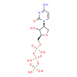 ChemSpider 2D Image | 2-(4-Amino-2-oxo-1(2H)-pyrimidinyl)-1,4-anhydro-2-deoxy-5-O-(hydroxy{[hydroxy(phosphonooxy)phosphoryl]oxy}phosphoryl)-L-arabinitol | C9H16N3O13P3
