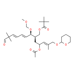 ChemSpider 2D Image | (2R,3R,4E,6E)-2-[(3E)-2-Acetoxy-4-methyl-5-(tetrahydro-2H-pyran-2-yloxy)-3-penten-1-yl]-3-(methoxymethoxy)-8,8-dimethyl-9-oxo-4,6-nonadien-1-yl pivalate | C31H50O9