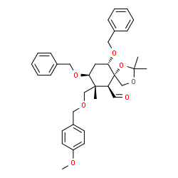 ChemSpider 2D Image | (5S,6S,7R,8S,10S)-8,10-Bis(benzyloxy)-7-{[(4-methoxybenzyl)oxy]methyl}-2,2,7-trimethyl-1,3-dioxaspiro[4.5]decane-6-carbaldehyde | C35H42O7