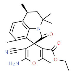 ChemSpider 2D Image | Ethyl (4R,6'S)-6-amino-5-cyano-2,4',4',6',9'-pentamethyl-2'-oxo-5',6'-dihydro-4'H-spiro[pyran-4,1'-pyrrolo[3,2,1-ij]quinoline]-3-carboxylate | C24H27N3O4