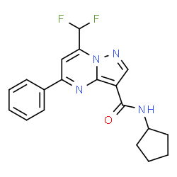 ChemSpider 2D Image | N-Cyclopentyl-7-(difluoromethyl)-5-phenylpyrazolo[1,5-a]pyrimidine-3-carboxamide | C19H18F2N4O