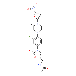 ChemSpider 2D Image | N-{[(5S)-3-{3-Fluoro-4-[3-methyl-4-(5-nitro-2-furyl)-1-piperazinyl]phenyl}-2-oxo-1,3-oxazolidin-5-yl]methyl}acetamide | C21H24FN5O6