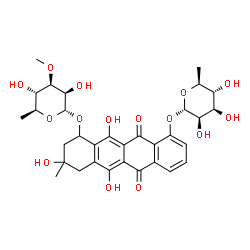 ChemSpider 2D Image | 10-[(6-Deoxy-alpha-L-mannopyranosyl)oxy]-3,5,12-trihydroxy-3-methyl-6,11-dioxo-1,2,3,4,6,11-hexahydro-1-tetracenyl 6-deoxy-3-O-methyl-alpha-L-mannopyranoside | C32H38O15