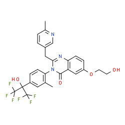 ChemSpider 2D Image | 3-[4-(1,1,1,3,3,3-Hexafluoro-2-hydroxy-2-propanyl)-2-methylphenyl]-6-(2-hydroxyethoxy)-2-[(6-methyl-3-pyridinyl)methyl]-4(3H)-quinazolinone | C27H23F6N3O4