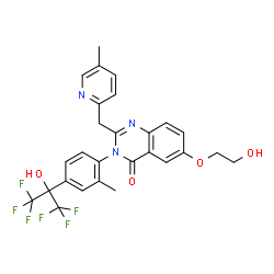 ChemSpider 2D Image | 3-[4-(1,1,1,3,3,3-Hexafluoro-2-hydroxy-2-propanyl)-2-methylphenyl]-6-(2-hydroxyethoxy)-2-[(5-methyl-2-pyridinyl)methyl]-4(3H)-quinazolinone | C27H23F6N3O4
