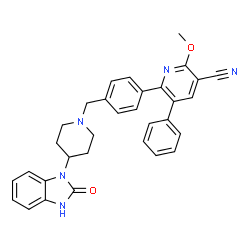 ChemSpider 2D Image | 2-Methoxy-6-(4-{[4-(2-oxo-2,3-dihydro-1H-benzimidazol-1-yl)-1-piperidinyl]methyl}phenyl)-5-phenylnicotinonitrile | C32H29N5O2