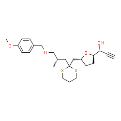 ChemSpider 2D Image | (1R)-1-{(2R,5R)-5-[(2-{(2S)-3-[(4-Methoxybenzyl)oxy]-2-methylpropyl}-1,3-dithian-2-yl)methyl]tetrahydro-2-furanyl}-2-propyn-1-ol | C24H34O4S2