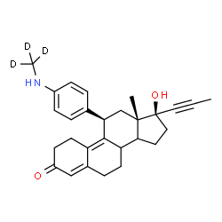 ChemSpider 2D Image | (11R,13S,17S)-17-Hydroxy-13-methyl-11-{4-[(~2~H_3_)methylamino]phenyl}-17-(1-propyn-1-yl)-1,2,6,7,8,11,12,13,14,15,16,17-dodecahydro-3H-cyclopenta[a]phenanthren-3-one (non-preferred name) | C28H30D3NO2