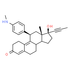 ChemSpider 2D Image | (11R,13S,17S)-17-Hydroxy-13-methyl-11-[4-(methylamino)phenyl]-17-(1-propyn-1-yl)-1,2,6,7,8,11,12,13,14,15,16,17-dodecahydro-3H-cyclopenta[a]phenanthren-3-one (non-preferred name) | C28H33NO2