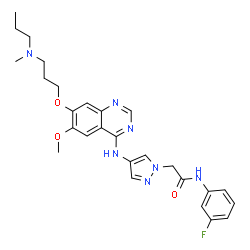 ChemSpider 2D Image | N-(3-Fluorophenyl)-2-{4-[(6-methoxy-7-{3-[methyl(propyl)amino]propoxy}-4-quinazolinyl)amino]-1H-pyrazol-1-yl}acetamide | C27H32FN7O3